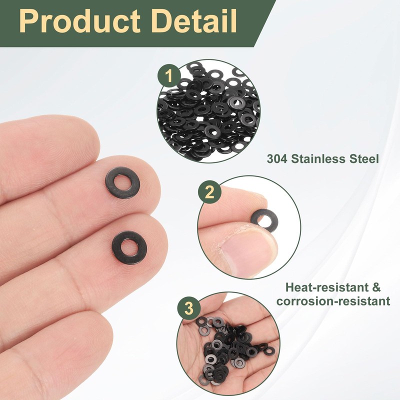 sourcing map 200 Pcs M3.5 Black Flat Washers, 8mm Outer