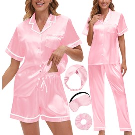 Silk Pajamas for Women 3 Piece Satin Pajama Set Summer Short Sleeve Long Pants Pjs Button Down Sleepwear with Eye Mask (Pink, Medium)