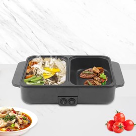 XUANIIIL Electric hot pot with Grill, 2-In-1 Frying Pan Shabu Shabu, Indoor Non-Stick and Griddle, Fast Heating - 1200 W, Dual Temperature Control for Boiling, BBQ, Steaks, Noodles (Black)