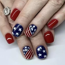 6 Packs (144 Pcs) 4th of July Press on Nails, Short Square Press on Nails, Star Fake Nails Red Blue Independence Day False Nails for Women, Stick on Nails Kit 12 Sizes-6Styles