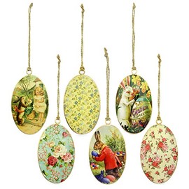 AuldHome Vintage Style Egg-Shaped Easter Decorations (Set of 6); Bunny and Egg Ornaments