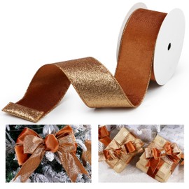 LIZLOVESS Copper Velvet Wired Ribbon with Glitter Back 2.5 Inch Copper Christmas Ribbon Wired Reversible Ribbon for Christmas Tree, Gift Wrapping, Crafts, Wreaths Supplies, Topper Bows (10 Yards)
