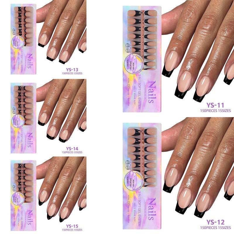 Maigitur Black French Tip Nails - Press On Coffin Shape