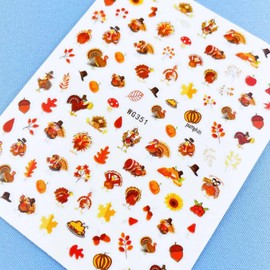 Fall Turkey Nail Stickers – Yellow Maple Leaf & Adorable Turkey Nail Art Sticker Decals for Thanksgiving Autumn Nail Art for Women & Girls 3D Self-Adhesive Nail Designs for Salon Holidays
