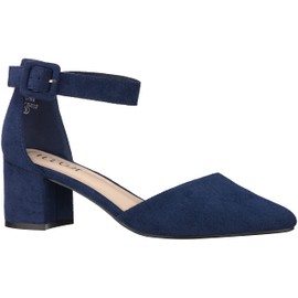 ILLUDE Tacones Puntiagudos para Mujer con Correa de Tobillo y tacón bajo Grueso, Azul Marino Gamuza, 7 US