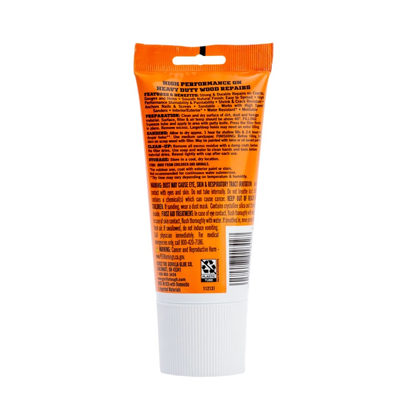 Gorilla All Purpose Wood Filler, 6oz Tube, White (Pack of