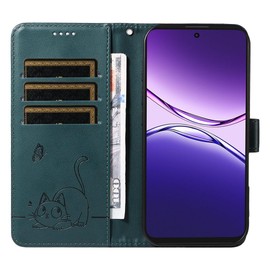 SATURCASE Case for Oppo A5 Pro, Cute Cat PU Leather Flip Dual Magnet Wallet Stand Card Slots Hand Strap Protective Cover for Oppo A5 Pro (ZC-Dark Green)