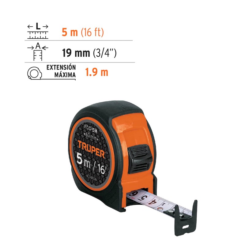 Truper FCG-5M, Flexómetro compacto contra impactos 5 m cinta 19