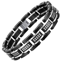 Ziallay Link initial bracelet hip hop jewel gift men Ms. Christmas birthday jewel gift boyfriend son fashion bracelet, diamond, double tone bracelet. (Silver black)