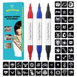 ACCloud Temporary Tattoo Markers for Skin, 3 Body Markers + 63 Tattoo Stencils Kit for Kids and Adults, Two color soft head Flexible Brush Tip, Water Based Pigment Ink for Skin Safe for All Artists