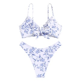 ZAFUL Women's Underwire Bikini Floral High Cut Bikini Set V-Wired Two Piece Swimsuit Bathing Suit(2-A-White,M)