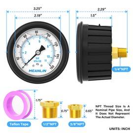 MEANLIN MEASURE 0~160Psi Stainless Steel 1/4" NPT 2.5" FACE DIAL Liquid Filled Pressure Gauge Center Back Mount（with Rubber Protective Sleeve）, with 1/2" NPT and 3/8" NPT Hex Bushing