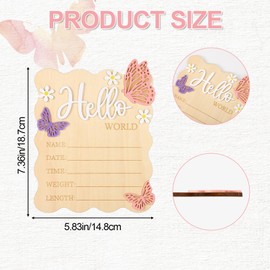 Baby Announcement Sign, Rectangle Wooden Hello World Baby Sign with Flower and Butterfly Patterns Cute Delicate Newborn Plaque for Newborn Boys Girls Photo Props Nursery Home Decor