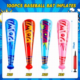 Seematn 100 Pieces Pow Inflatable Baseball Bats 17 Inch Inflatable Toy Bats for Kids Baseball Party Decoration Favor Carnival Birthday Party Supplies Prizes Sports Theme Toys, 4 Colors
