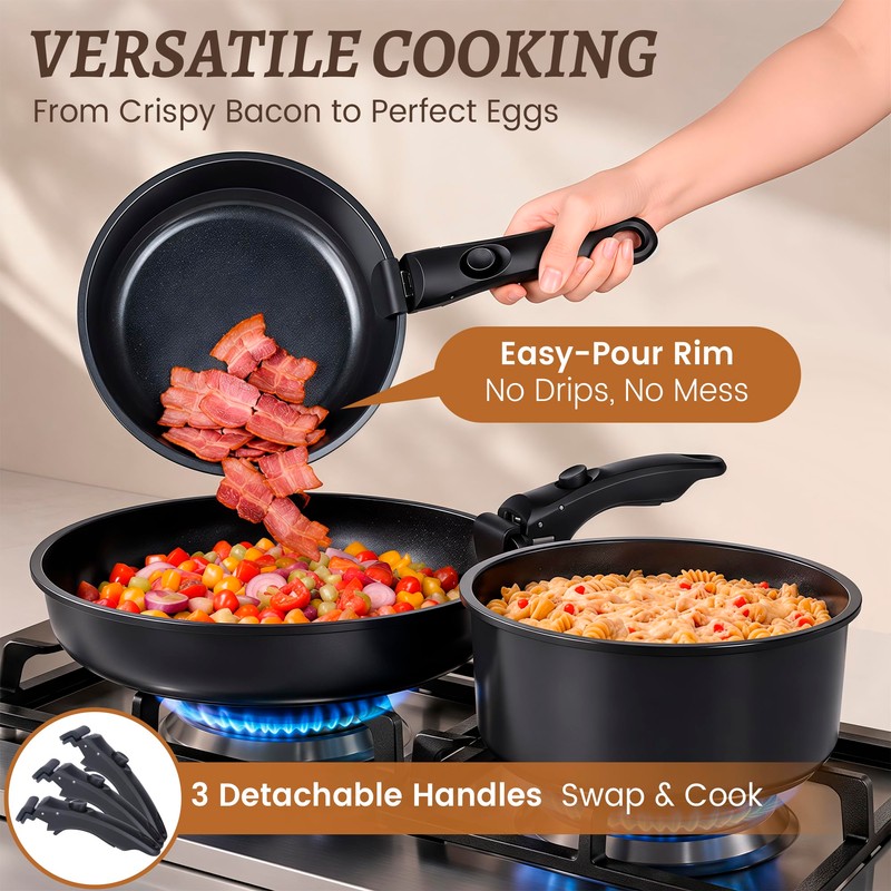 20-Piece Ceramic Nonstick Cookware Set | Detachable Handle, Stackable for