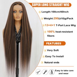 Felek Super Long Highlight T Part Lace Wigs Synthetic 40 Inch Straight 13x4x1 T Lace Front Wigs Heat Resistant Fiber Glueless Pre-Plucked Natural Hairline Lace Wig For Fashion Women/Girls(P4/27/33)