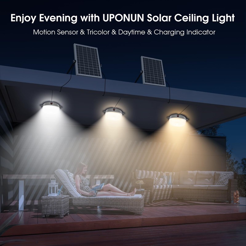 UPONUN Solar Ceiling Light Motion Sensor 2 Pack, Dimmable 6000K/4000K/3200K