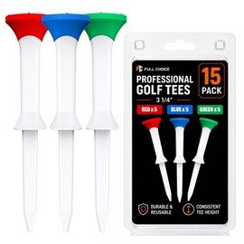 Full Choice 3-1/4" Stepped Golf Tees with Soft Rubber Heads, 15 Pack Fixed-Height Driver Tees with Raised Tips for Reduced Ball Contact and Wide Tops for Stable Ball Support