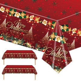 2Pcs Christmas Party Table Cover Table Cloth,137*274cm Christmas Table Decorations Plastic Waterproof Rectangular Tablecover Xmas Tablecloth for Christmas Evening Holiday Party Table Decorations