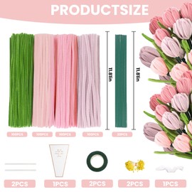 400 Pcs Pipe Cleaners Craft Flower kit with Wrapping Paper, 5 Assorted Colors Pipe Cleaners Bulk, Chenille Stems for DIY Flower Making Kit with Flower Stems, Tape, Glue Sticks, Stamen, Ribbon (Pink)