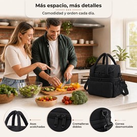 Lonchera Térmica para Mujer, Bolsa de Almuerzo de 2 Compartimentos,Negra