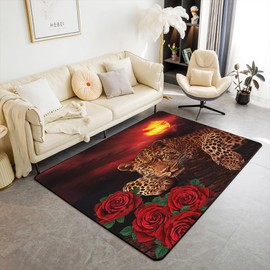 jejeloiu Leopard Rose Area Rug 5x7 Cheetah Floral Print Decorative Area Rug Home Decor Wild Animal Botanical Flowers Pattern Red Brown Accent Rug