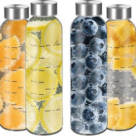【WINSA】 Glass Juice Bottles With Lids 17oz 25oz-4Pack- 6 Pack, Clear Water Bottle, Juicing Bottles Reusable Glass With Stainless Steel Cap, Drinking bottles for Refrigerator,100% Leak Proof, BPA Free Drinkware Washable:_4pcs_17 Ounces