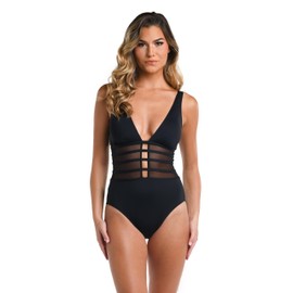 La Blanca Women's Island Goddess Mesh Over The Shoulder One Piece Swimsuit, Black, 8