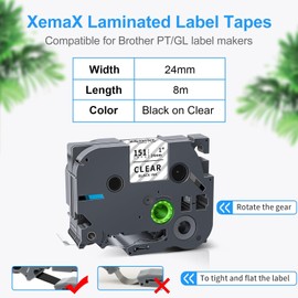 4X XemaX Label Tape Compatible for Brother Label Printer Tape 24mm Clear TZe-151 TZ-151 Black on Transparent Tape Cassette for Brother P-Touch Labeler PT-P750W D600 E500 E550W H500 P710BT P900 P950W