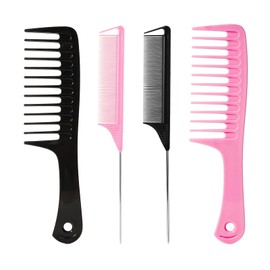 Fgail 4PCS Wide Tooth & Rat Tail Hair Combs Set for Men & Women(Black+Pink)