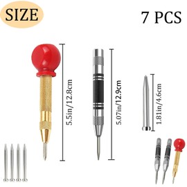 Pack of 3 Automatic Centre Punch Metal Tool Spring Loaded Centre Hole Punch with Adjustable One-Hand Spring Action Self-Striking Centre Punch Tool with 4 Replacement Tips for Metal, Wood, Glass