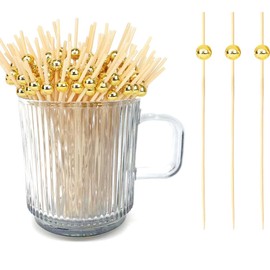120 pcs 5.9 inch long Pearl Cocktail Picks,Gold Ball Food Sticks Charcuterie Boards Accessories,Bamboo Skewers for Appetizers Drinks Fruit.