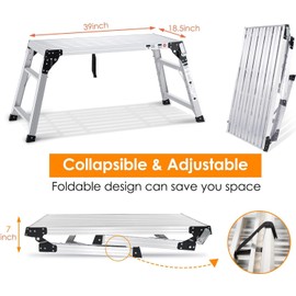 ORIENGEAR Adjustable Work Platform Support 330 lbs Height 24 to 35 inches Portable Aluminum Step Stool Folding Ladder Non Slip for Household Office Cleaning & Washing