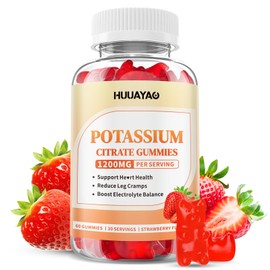Potassium Citrate Gummies 1200mg for Adults Women & Men, Chewable Potassium Supplement for Reduce Leg Cramps & Muscle Health, Sugar Free, Strawberry Flavor, 60 Count