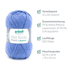 Gründl Hot Socks Pearl Plain Knitting Wool (Cuddly Soft Sock Wool Made of 75% Merino Wool, 20% Polyamide, 5% Cashmere, 50 g/200 m, Needle Size: 2.5 - 3, 10 x 50 g), Blue, 40 x 37 x 11 cm