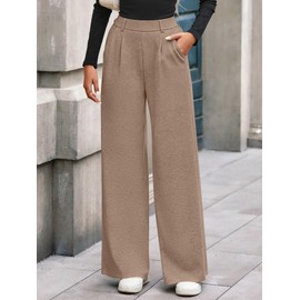 BTFBM Wide Leg Pants for Women Dressy Work Business Casual Elastic High Waisted Trousers Ribbed Lounge Palazzo Pants(Khaki, Small)