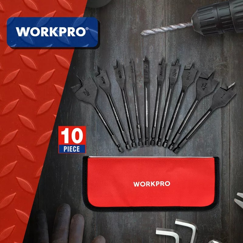 WORKPRO 10-Piece Pro Spade Drill Bit Set- Black Coating, Premium