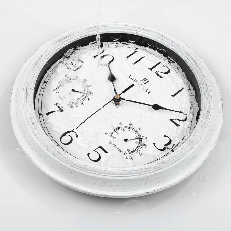 Lafocuse White Outdoor Wall Clocks Waterproof for Patio with Thermometer,