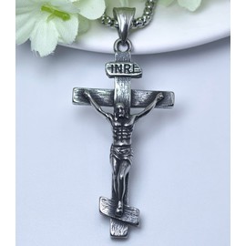Wasee Crucifix Pendant Necklace for Men, Jesus Cross Necklace Baptism Christian Jewelry Gifts for Men with 3.0mm Wide 22"+2" Box Chain