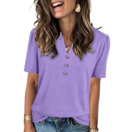 XMTOPYE Basic Tees for Women Summer Fashion 2025 Short Sleeve V Neck Button Shirts Loose Fit Trendy Basic Clothes Light Purple