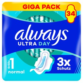 Always Ultra Day Sanitary Towels Normal (Size 1) with Wings Pack of 34, Super Absorbent and Ultra Thin, for the Period