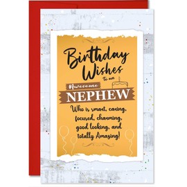 MegaCalendars Happy Birthday Card for Nephew with Self-Adhesive Envelope, Birthday Card for Adult Nephew, Cute Custom Party Designs, Premium 320 GSM Cardstock, Made in USA