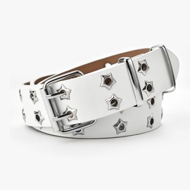 Selected Korean Edition Women's Casual Punched Leather Fashion Belt with Star Outer Decoration White + Chain + Length 110 Width 3.3 10ea