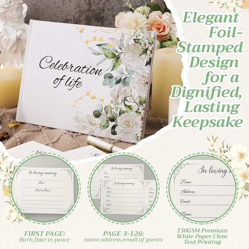 64 Pcs Floral Guest Book Set for Funeral Memorial Services,