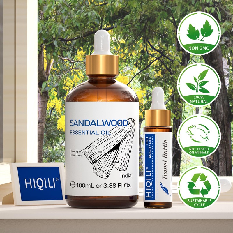 HIQILI Sandalwood Essential Oils, Long-Lasting Scent for Perfume, Diffuser, Soap