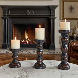 Wooden Candle Holders Set of 3 by Purenjoy- Tall Vintage Farmhouse Pillar Candle Holder Decor – Decorative Candlestick Holders for Table Centerpieces, Weddings, or Home Black