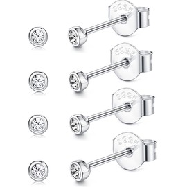JeweBella 4 Pairs of Stud Earrings 925 Silver Women's Small Round Zirconia Earrings Set Hypoallergenic Cartilage Tragus Stud Earrings Set for Girls Men Silver/Gold/Rose Gold 2/3 mm Jewellery, Sterling