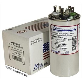 35 + 3 uf/Mfd Round Dual Universal Capacitor Replacement Amrad USA2226BA Replacement - Used for 370 or 440 VAC, Made in The U.S.A.
