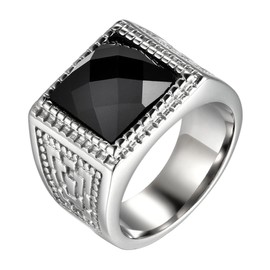 JewelryWe Jewellery Men's Signet Ring Stainless Steel Glass Stone Vintage Square Viking Rings Band Ring with Engraving, Silver Black, Size 57 to 70, Glass
