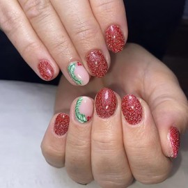 24 Pcs Christmas Press on Nails Short Square - ZIFANHU Red Glitter Fake Nails Press ons Art Tips Full Cover Acrylic Glossy False Nails with Cute Leaves Design Artifical Glue on Nails for Women